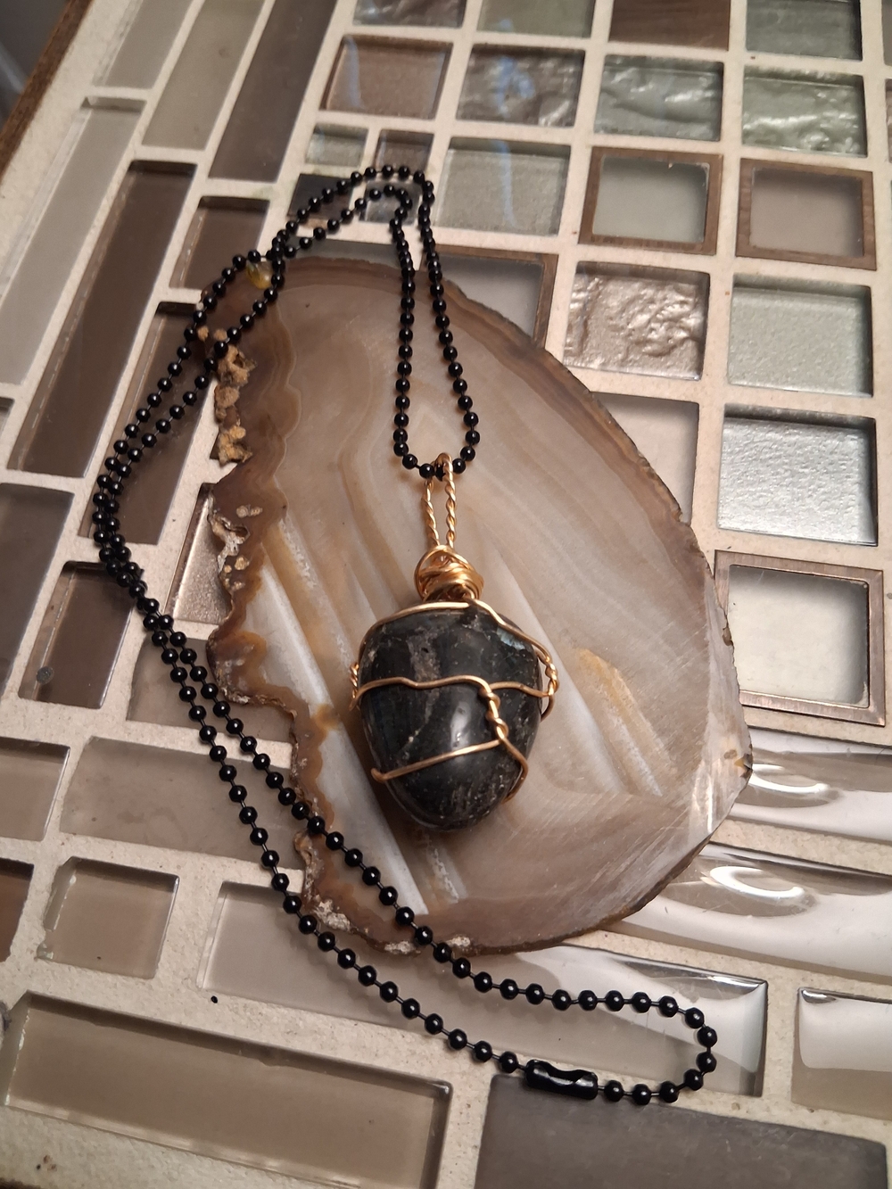 Artisan Black Stone Pendant Necklace with Gold Wire